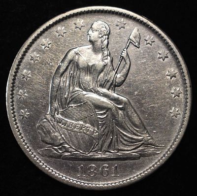 1861-O LIBERTY SEATED HALF DOLLAR AU/BU. BID WITH SILVER CITY AUCTIONS ESTIMATE $900 - $1000.