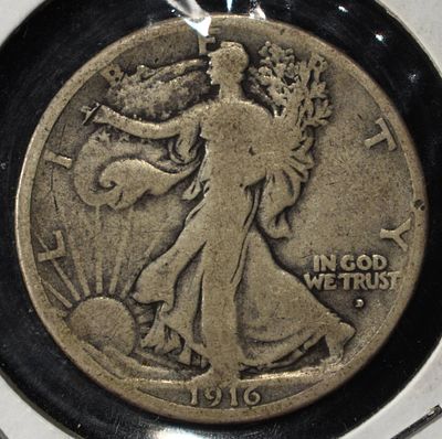 1916-D WALKING LIBERTY HALF DOLLAR VG. TOP RATED AUCTION HOUSE ESTIMATE $80 - $120.