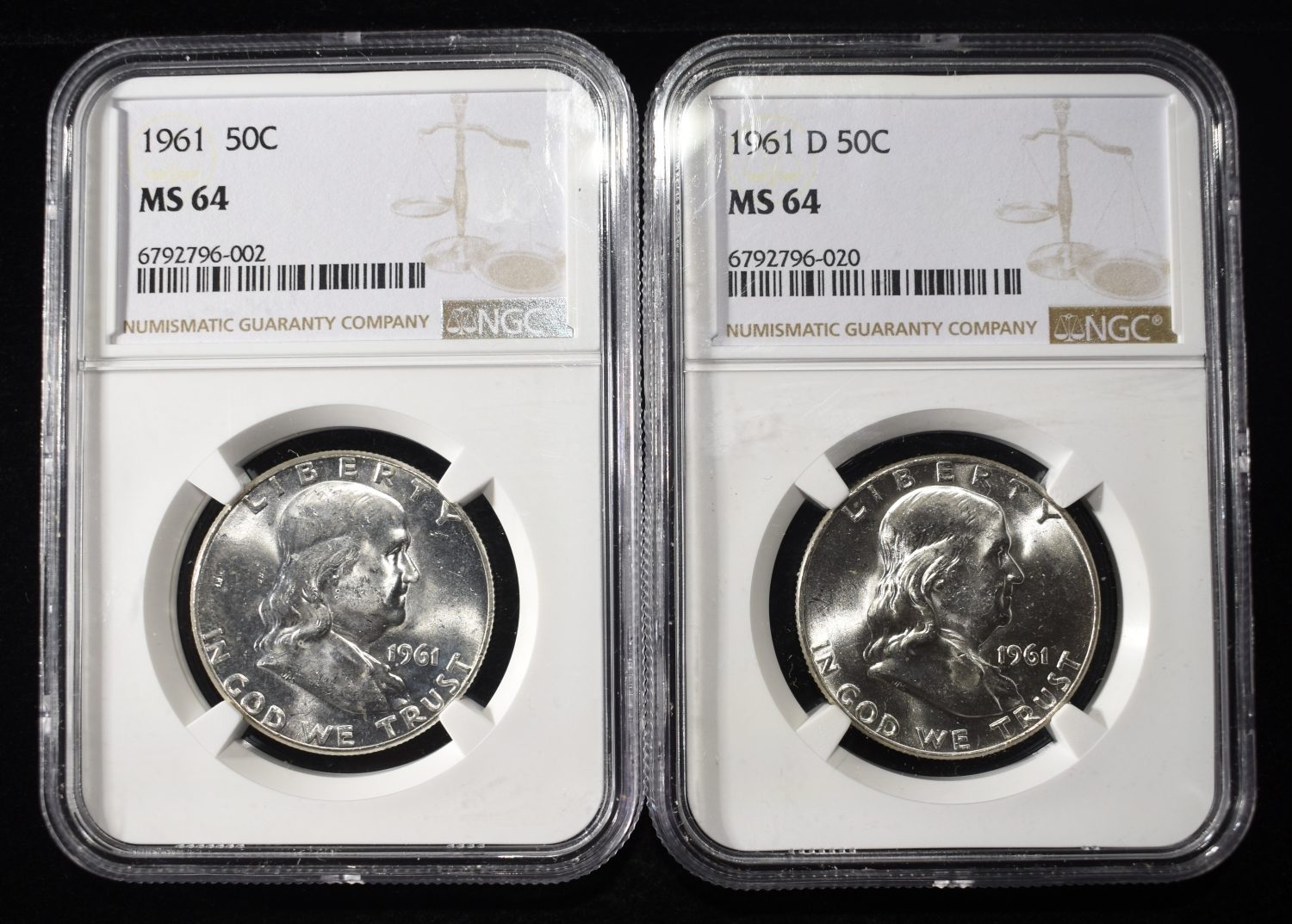 1961 & 1961-D FRANKLIN HALF DOLLARS NGC MS64