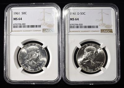 1961 & 1961-D FRANKLIN HALF DOLLARS NGC MS64. TOP RATED AUCTION HOUSE ESTIMATE $80 - $120.