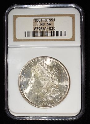 1881-S MORGAN DOLLAR NGC MS-64. WEEKLY COIN & CURRENCY AUCTIONS ESTIMATE $150 - $200.