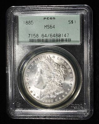 1885 MORGAN DOLLAR PCGS MS-64 OLD GREEN HOLDER. LEADERS IN ON-LINE AUCTIONS ESTIMATE $150 - $200.