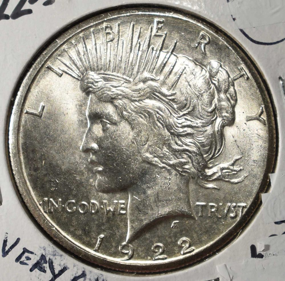 1922-S PEACE DOLLAR VERY CH BU. BID WITH SILVER CITY AUCTIONS ESTIMATE $160 - $210.
