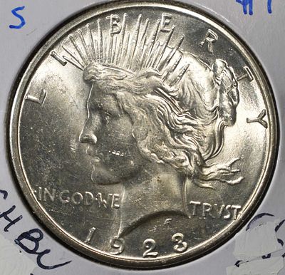 1923-S PEACE DOLLAR CH BU. LEADERS IN ON-LINE AUCTIONS ESTIMATE $150 - $200.