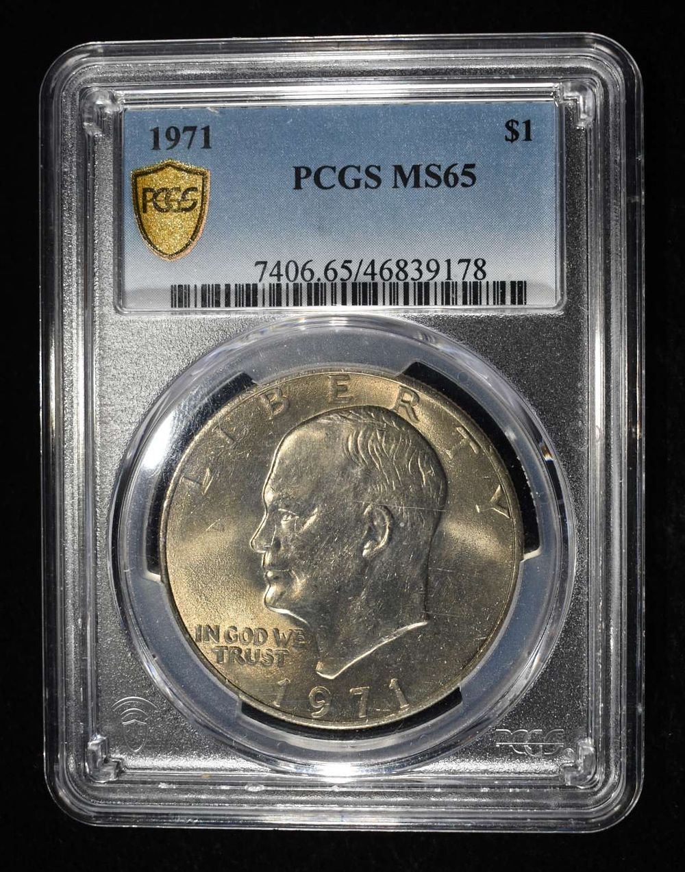 1971 EISENHOWER DOLLAR PCG MS65. LEADERS IN ON-LINE AUCTIONS ESTIMATE $75 - $100.