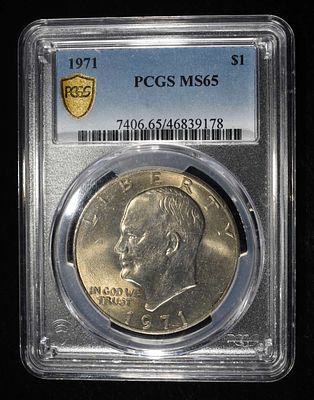 1971 EISENHOWER DOLLAR PCG MS65. LEADERS IN ON-LINE AUCTIONS ESTIMATE $75 - $100.