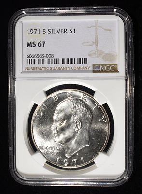 1971-S SILVER EISENHOWER DOLLAR NGC MS67. LEADERS IN ON-LINE AUCTIONS ESTIMATE $300 - $350.