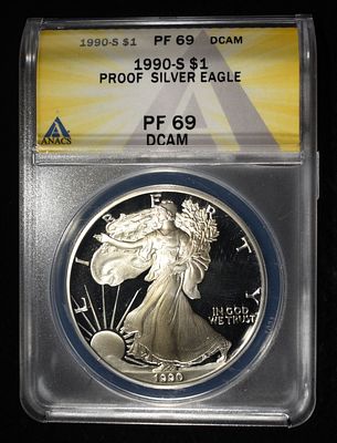 1990-S AMERICAN SILVER EAGLE ANACS PF69 DCAM. WEEKLY COIN & CURRENCY AUCTIONS ESTIMATE $100 - $150.