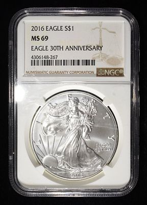 2016 AMERICAN SILVER EAGLE NGC MS69. TOP RATED AUCTION HOUSE ESTIMATE $120 - $170.