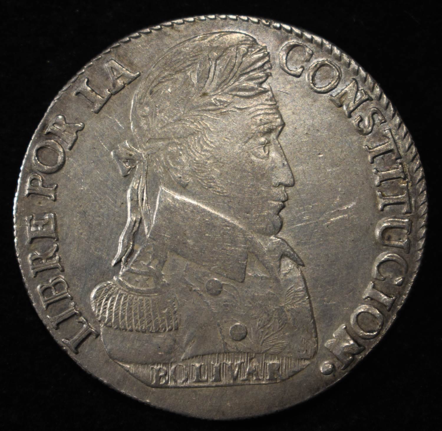 1838 BOLIVIA 8 SOL SILVER BU