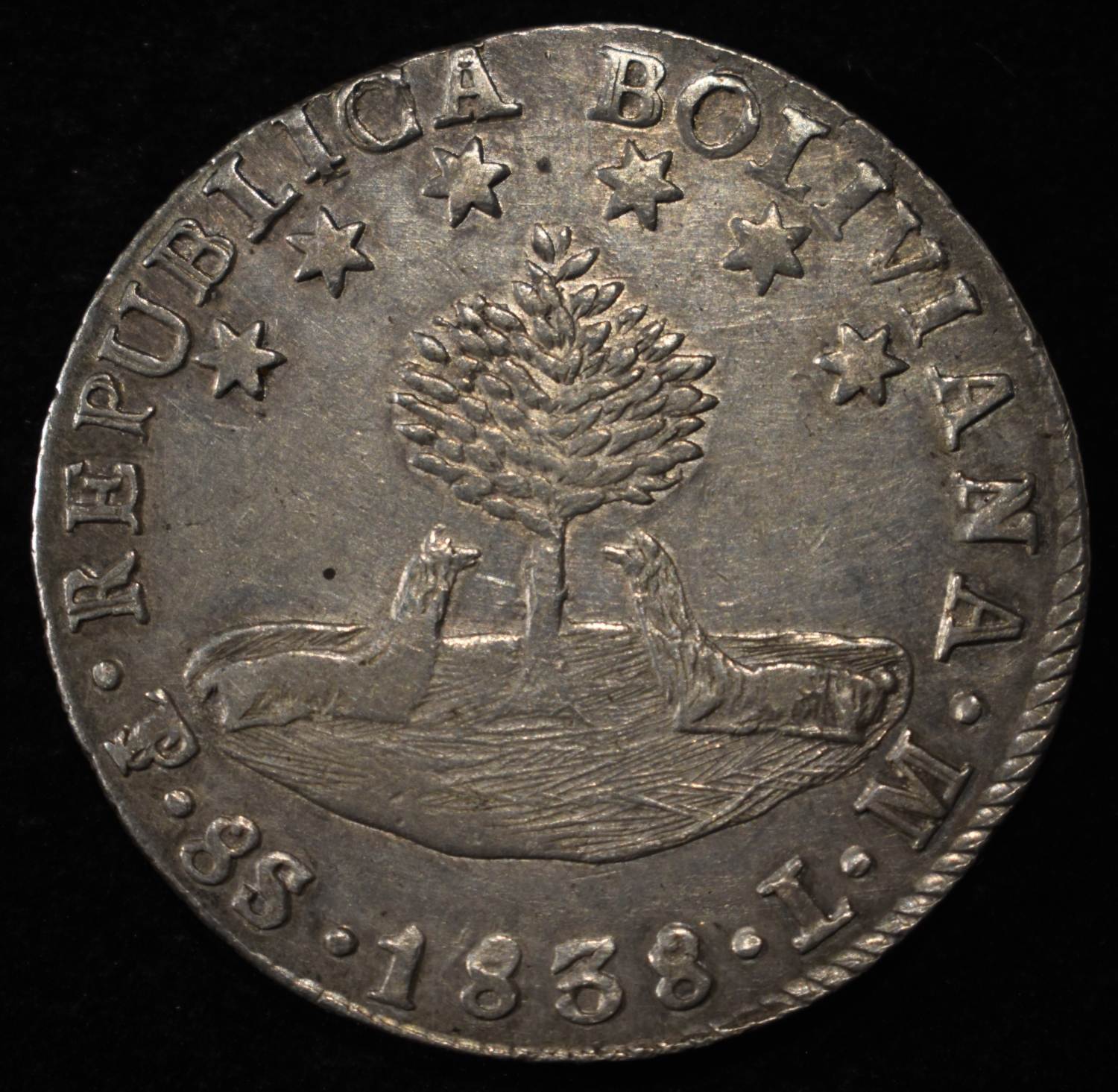 1838 BOLIVIA 8 SOL SILVER BU