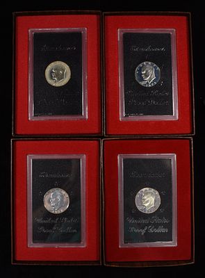 1971-1974 EISENHOWER SILVER $1 BROWN PACKAGING. BID WITH SILVER CITY AUCTIONS ESTIMATE $120 - $160.