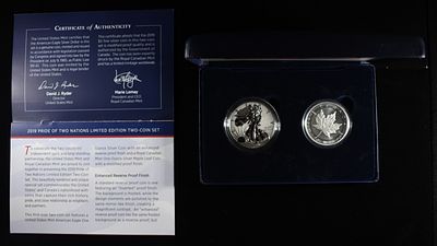 2019 PRIDE OF TWO NATIONS 2-COIN SET. 2019 AMERICAN SILVER EAGLE REVERSE PROOF & CANADA MAPLE 