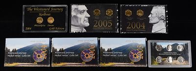 NICKEL COLLECTORS LOT. THE WESTWARD JOURNEY KEELBOAT 2004-P&D GOLD PLATED, 2005 JEFFERSON 