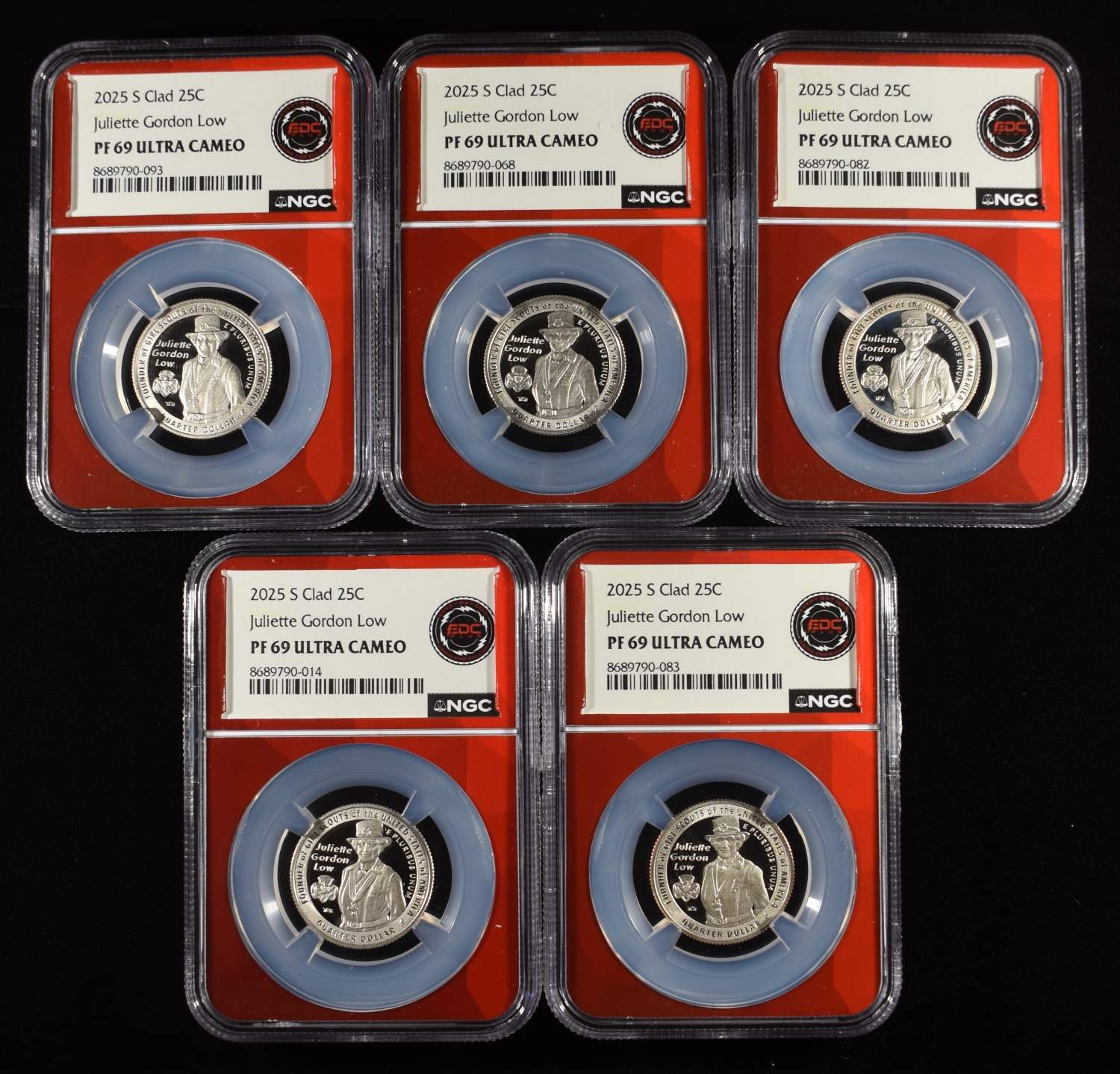 (5) 2025-S CLAD JULIETTE GORDON LOW 25C NGC PF69