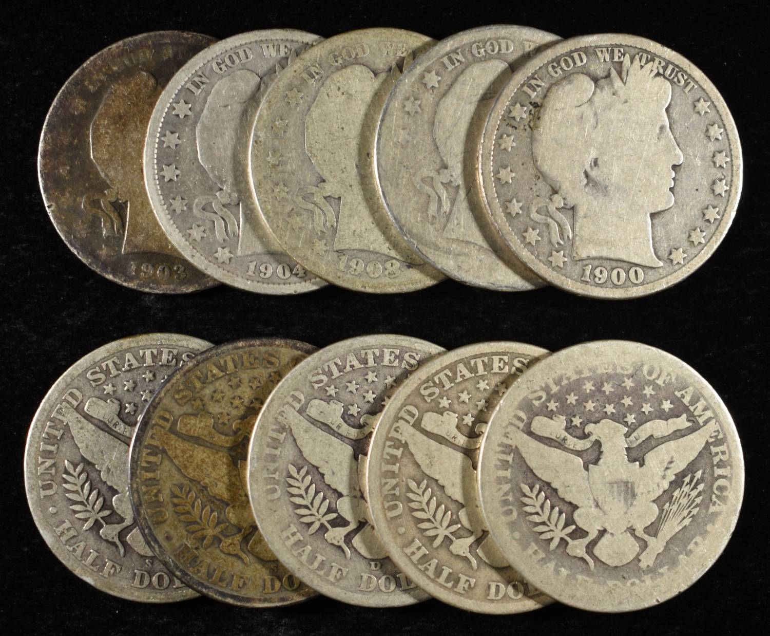 (10) BARBER HALF DOLLARS