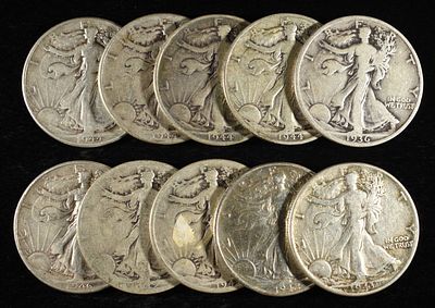 (10) 90% SILVER WALKING LIBERTY HALF DOLLARS. WEEKLY COIN & CURRENCY AUCTIONS ESTIMATE $380 - $430.