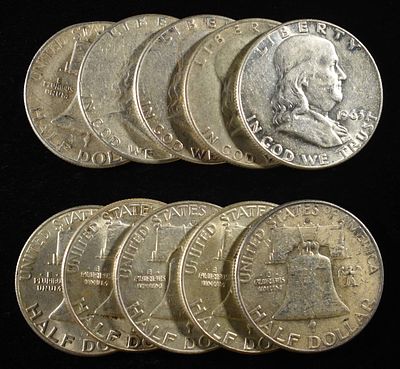 (10) 90% SILVER FRANKLIN HALF DOLLARS. CHECK OUT OUR UPCOMING AUCTIONS ESTIMATE $430 - $480.