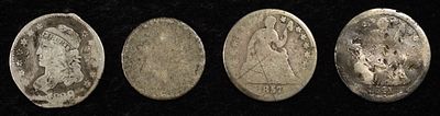 COLLECTORS LOT. 3-CENT PIECE NO DATE, 1857, 1841 LIBERTY SEATED HALF DIME & CAPPED BUST HALF 