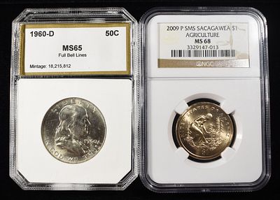 (2) GRADED COINS. 2009-P SMS SACAGAWEA $1 AGRICULTURE NGC MS68 & 1960-D FRANKLIN HALF DOLLAR PCI 