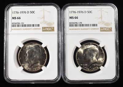 (2) 1976-D KENNEDY HALF DOLLARS NGC MS66. LEADERS IN ON-LINE AUCTIONS ESTIMATE $120 - $170.