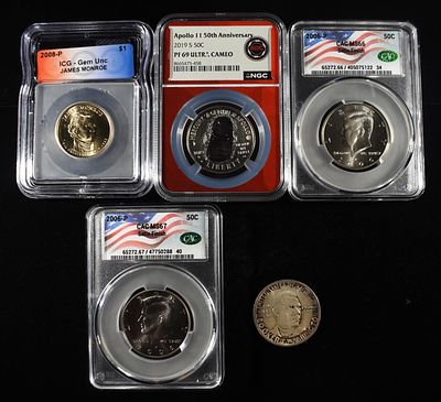 COLLECTORS LOT. 1946 BOOKER T. WASHINGTON 50C COMMEM, 2008-P JAMES MONROE $1 ICG GEM UNC, 2019-S 