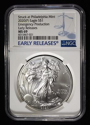 2020 (P) AMERICAN SILVER EAGLE NGC MS69. TOP RATED AUCTION HOUSE ESTIMATE $140 - $190.