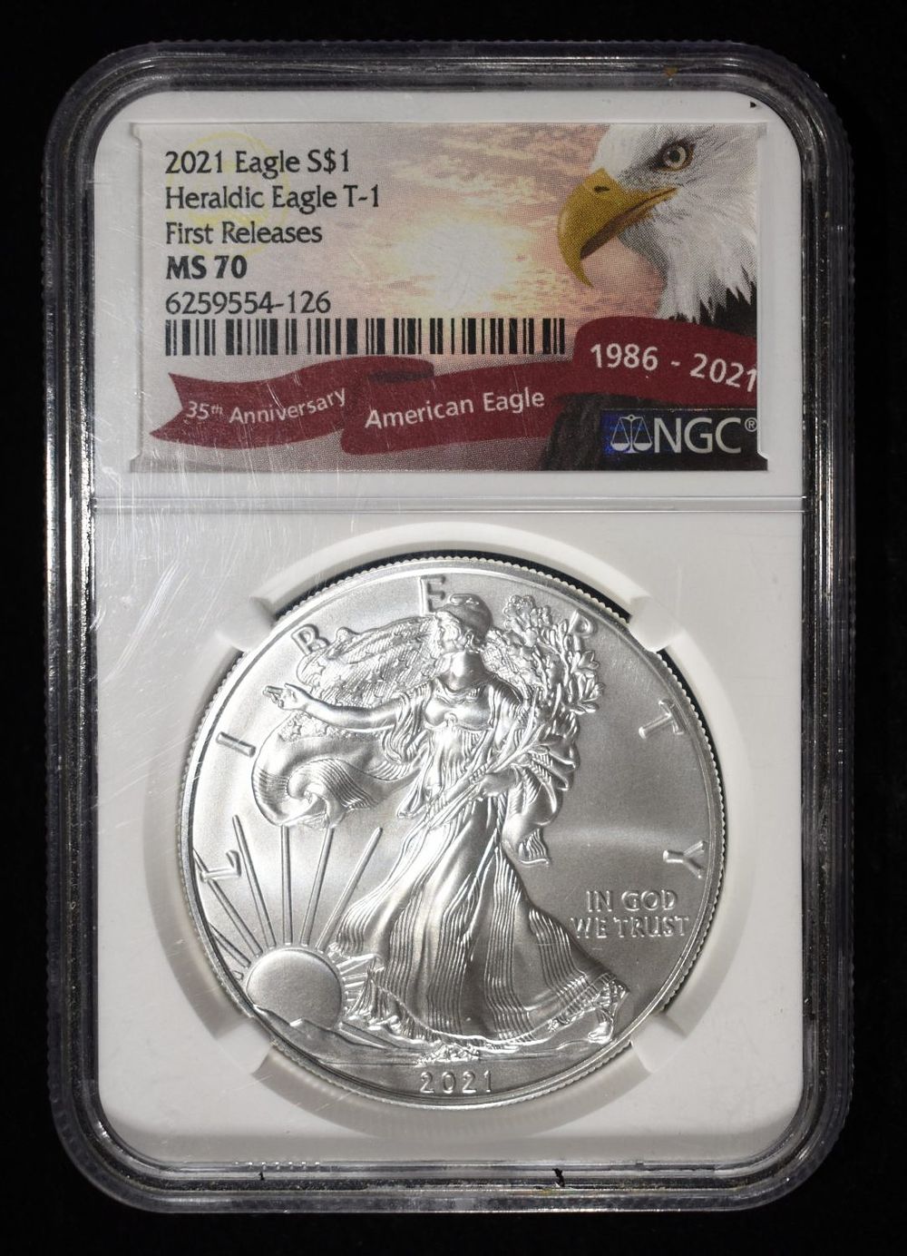 2021 AMERICAN SILVER EAGLE NGC MS70. WEEKLY COIN & CURRENCY AUCTIONS ESTIMATE $170 - $220.