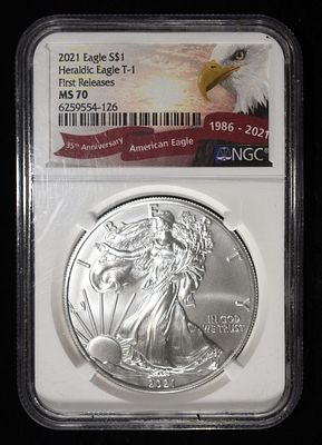2021 AMERICAN SILVER EAGLE NGC MS70. WEEKLY COIN & CURRENCY AUCTIONS ESTIMATE $170 - $220.