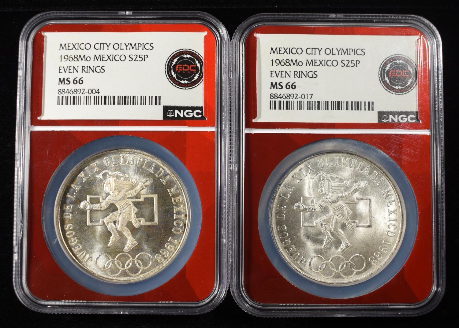 (2) 1968 25 PESOS MEXICO 72% SILVER NGC MS66