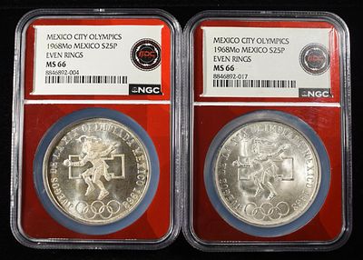 (2) 1968 25 PESOS MEXICO 72% SILVER NGC MS66. EVEN RINGS, MEXICO CITY OLYMPICS ESTIMATE $150 - $200.