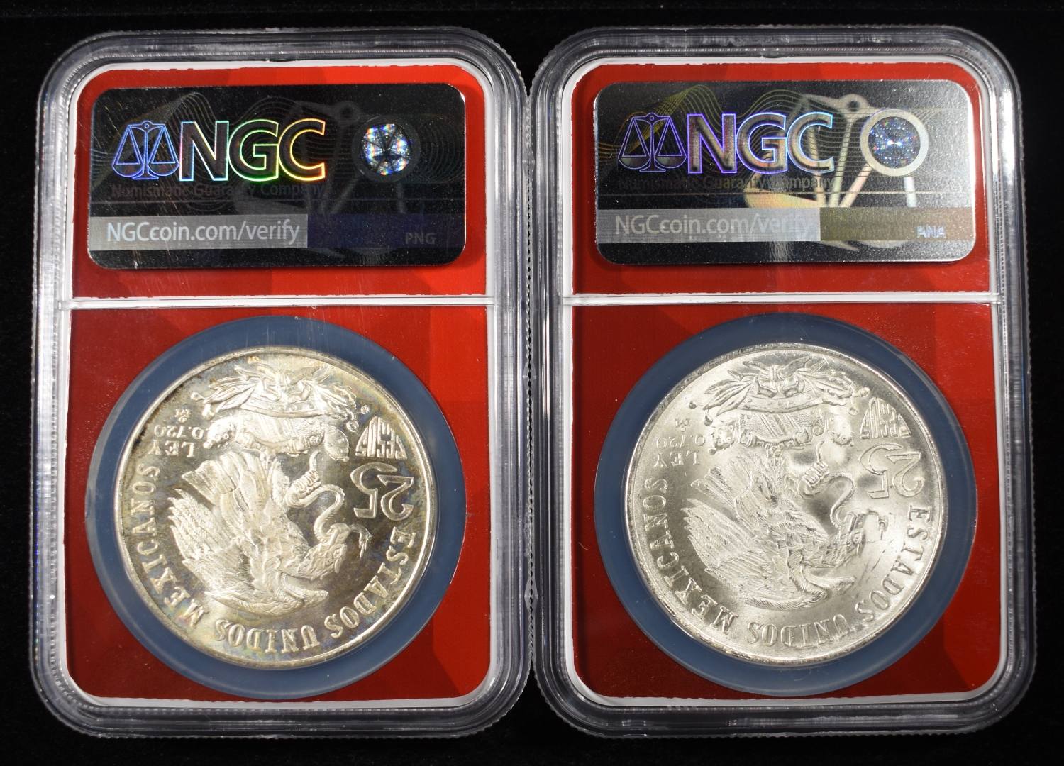 (2) 1968 25 PESOS MEXICO 72% SILVER NGC MS66