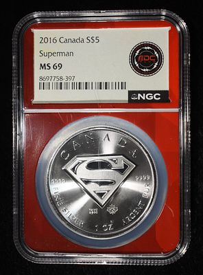 2016 1 OZ SILVER CANADA SUPERMAN NGC MS-69. TOP RATED AUCTION HOUSE ESTIMATE $150 - $200.