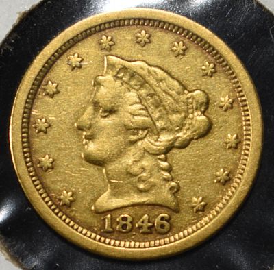1846-O $2.50 LIBETRY GOLD AU. BID WITH SILVER CITY AUCTIONS ESTIMATE $1300 - $1800.