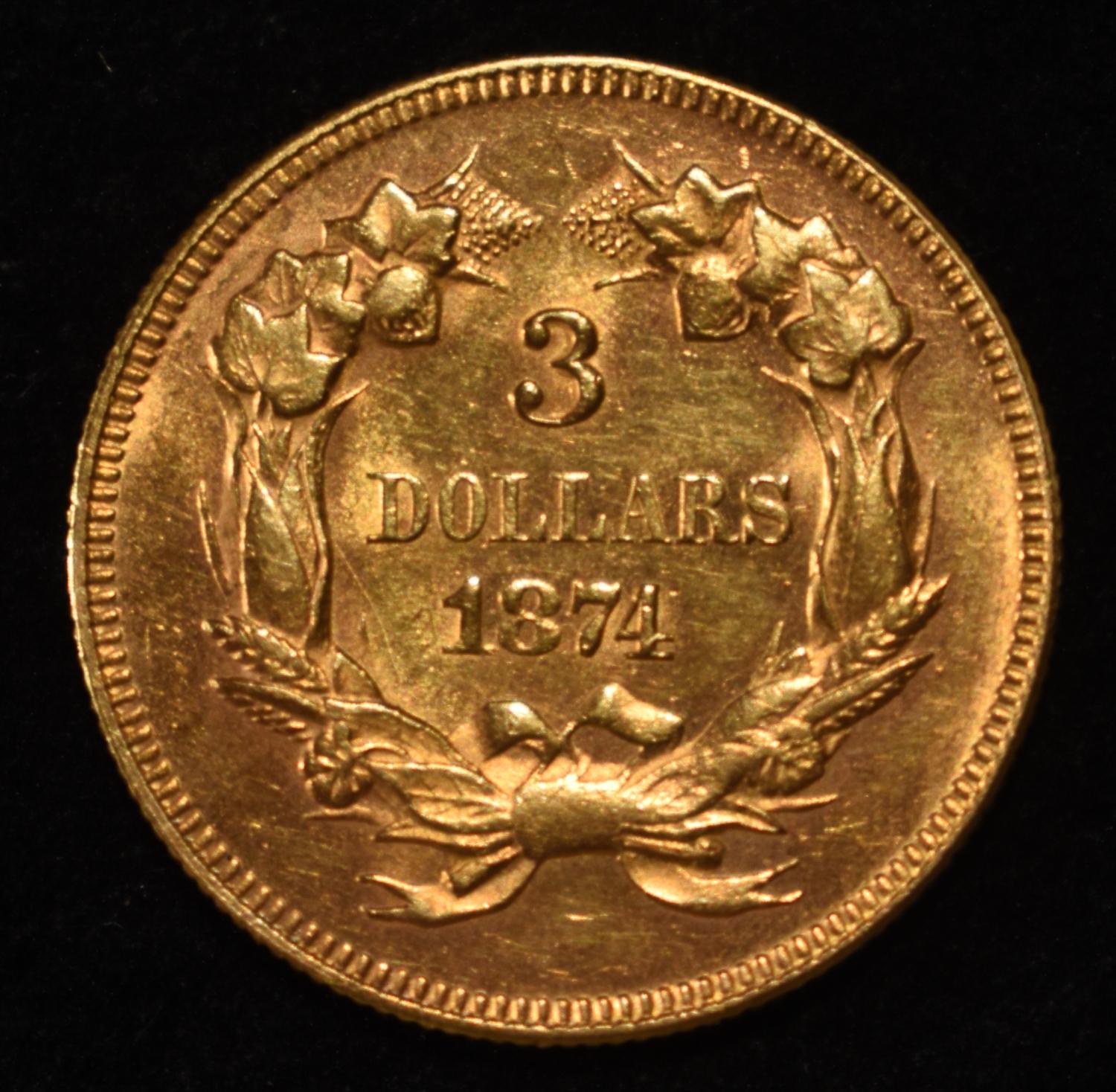 1874 $3 PRINCESS GOLD VERY CHOICE BU