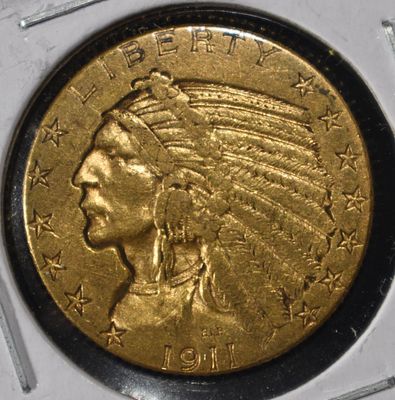 1911-D $5 INDIAN GOLD NICE ORIG AU. LEADERS IN ON-LINE AUCTIONS ESTIMATE $2500 - $3000.