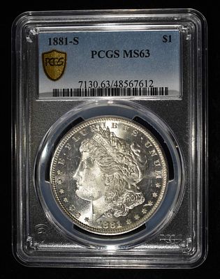 1881-S MORGAN DOLLAR PCGS MS-63. TOP RATED AUCTION HOUSE ESTIMATE $130 - $150.
