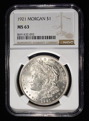 1921 MORGAN DOLLAR NGC MS63. BID WITH SILVER CITY AUCTIONS ESTIMATE $130 - $180.