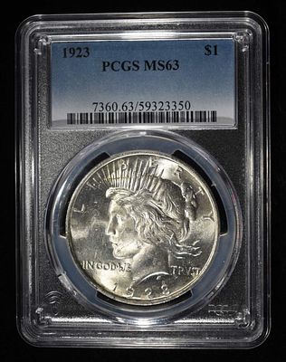 1923 PEACE DOLLAR PCGS MS63. LEADERS IN ON-LINE AUCTIONS ESTIMATE $120 - $160.