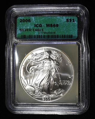 2006 AMERICAN SILVER EAGLE ICG MS69. CHECK OUT OUR UPCOMING AUCTIONS ESTIMATE $120 - $170.