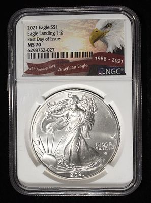 2021 AMERICAN SILVER EAGLE NGC MS70 FDI. EAGLE LANDING T-2 ESTIMATE $180 - $230.