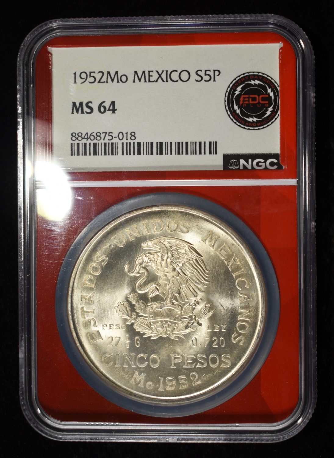 1952 5 PESOS MEXICO 72% SILVER NGC MS64