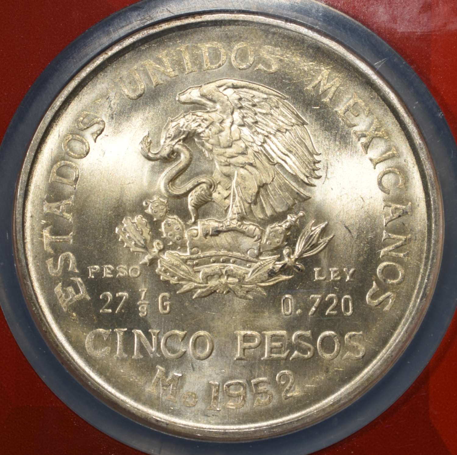 1952 5 PESOS MEXICO 72% SILVER NGC MS64
