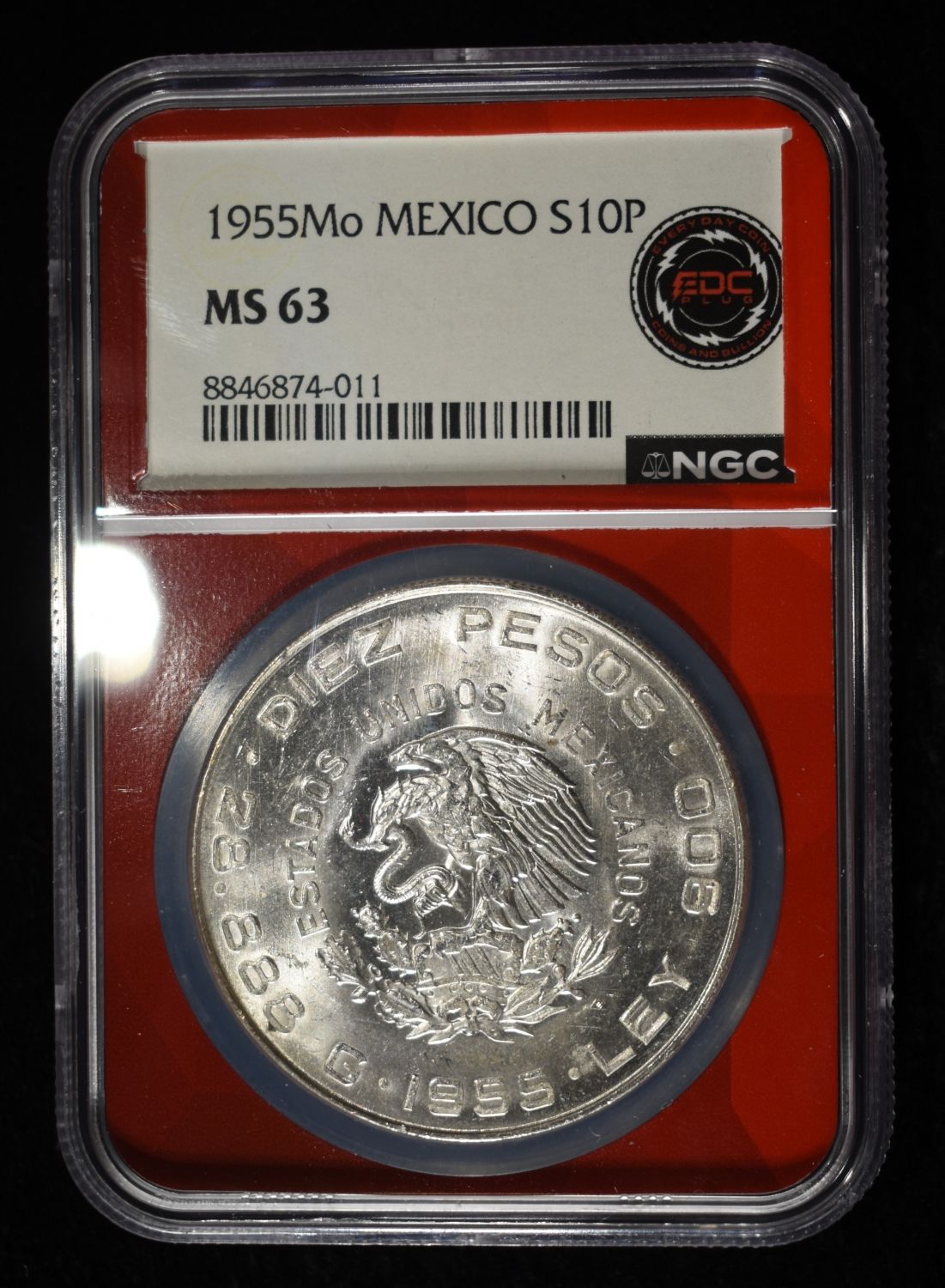 1955 10 PESOS MEXICO 90% SILVER NGC MS63