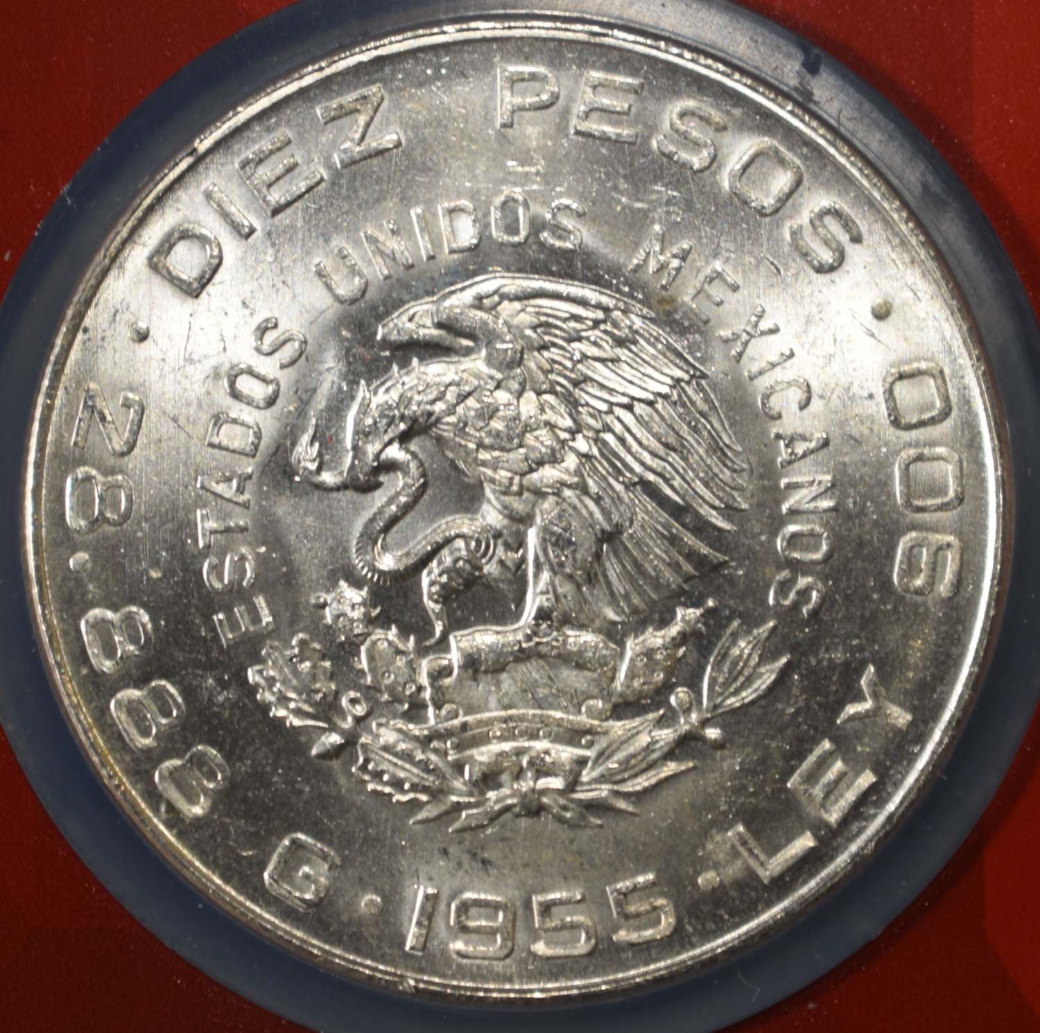 1955 10 PESOS MEXICO 90% SILVER NGC MS63