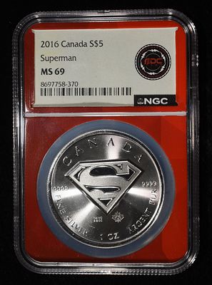 2016 1 OZ SILVER CANADA SUPERMAN NGC MS-69. WEEKLY COIN & CURRENCY AUCTIONS ESTIMATE $150 - $200.