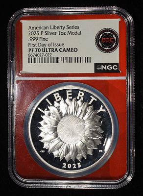2025-P 1 OZ .999 SILVER NGC PF70 ULTRA CAMEO. AMERICAN LIBERTY SERIES, FIRST DAT OF ISSUE 