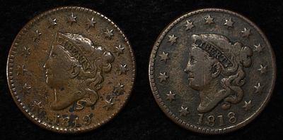2 LARGE CENTS 1818 FINE & 1819 FINE-SCRATCHES REV. TOP RATED AUCTION HOUSE ESTIMATE $60 - $80.