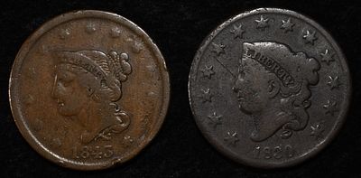 1830 & 1843 LARGE CENTS. LEADERS IN ON-LINE AUCTIONS ESTIMATE $60 - $80.