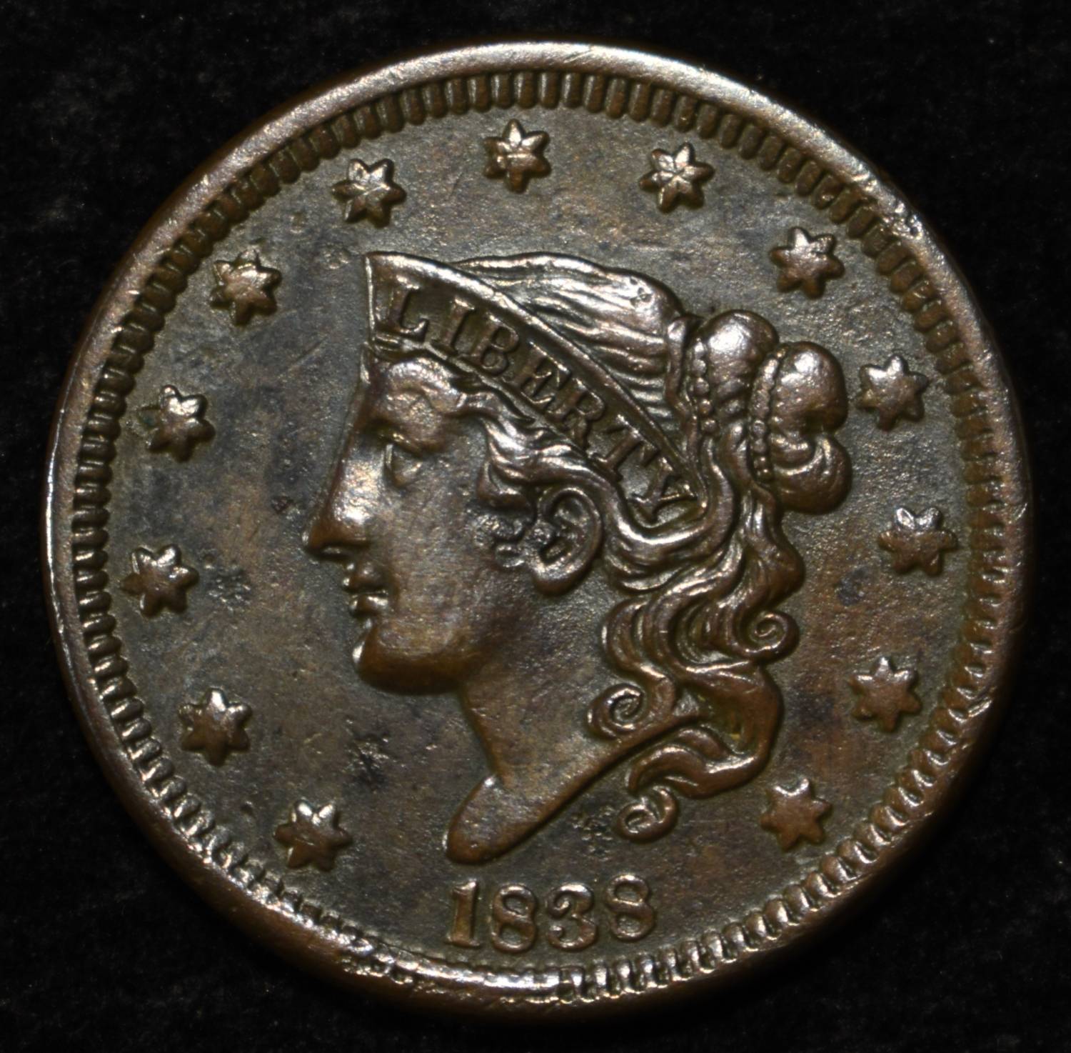 1838 LARGE CENT XF